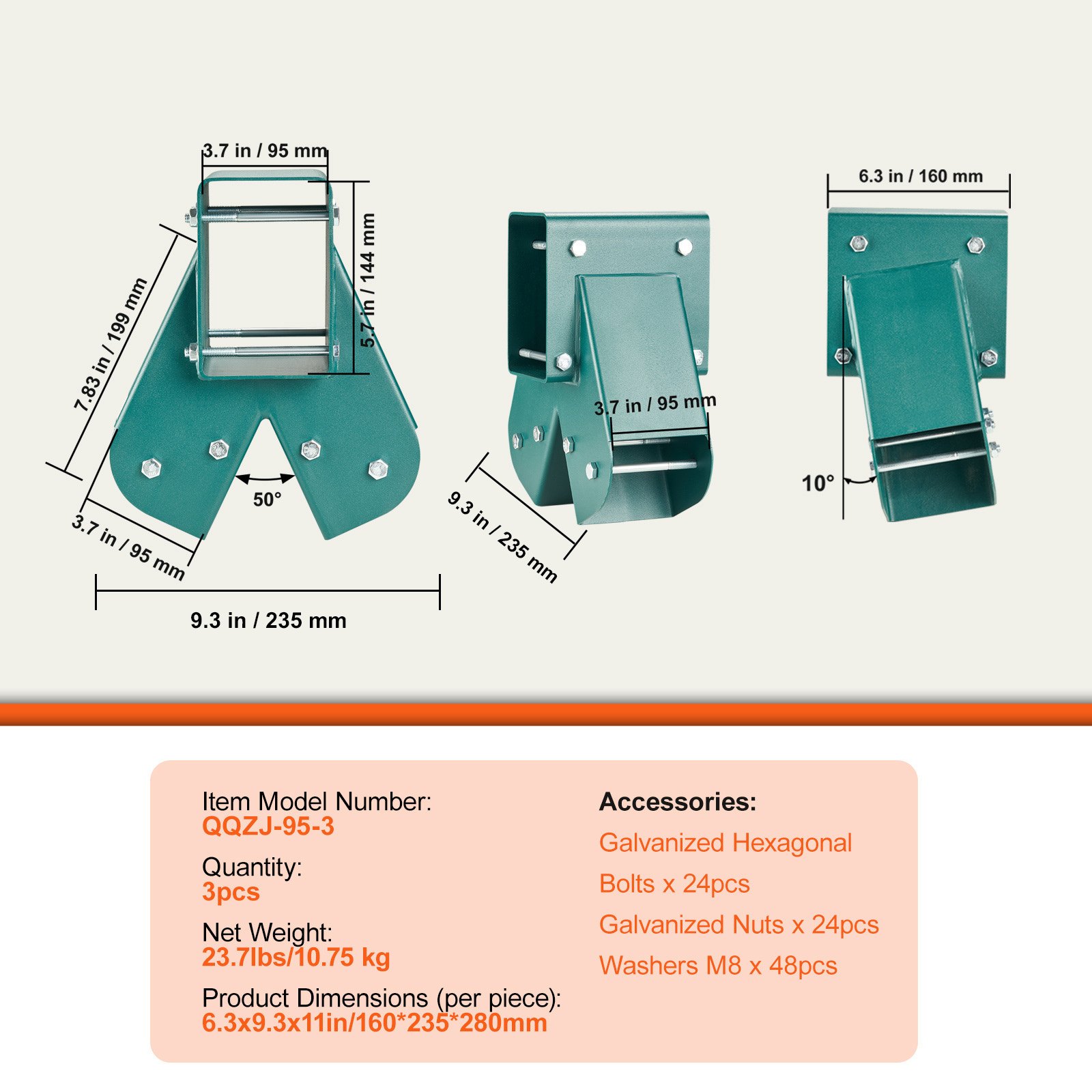 VEVOR Set di Connettore per Altalena 3 Pezzi, Attrezzatura di Connettore 3 Pezzi per Altalena in Acciaio al Carbonio Supporto Medio per Trave in Legno Palo Accessori di Montaggio 10,2 x 10,2 cm, Verde
