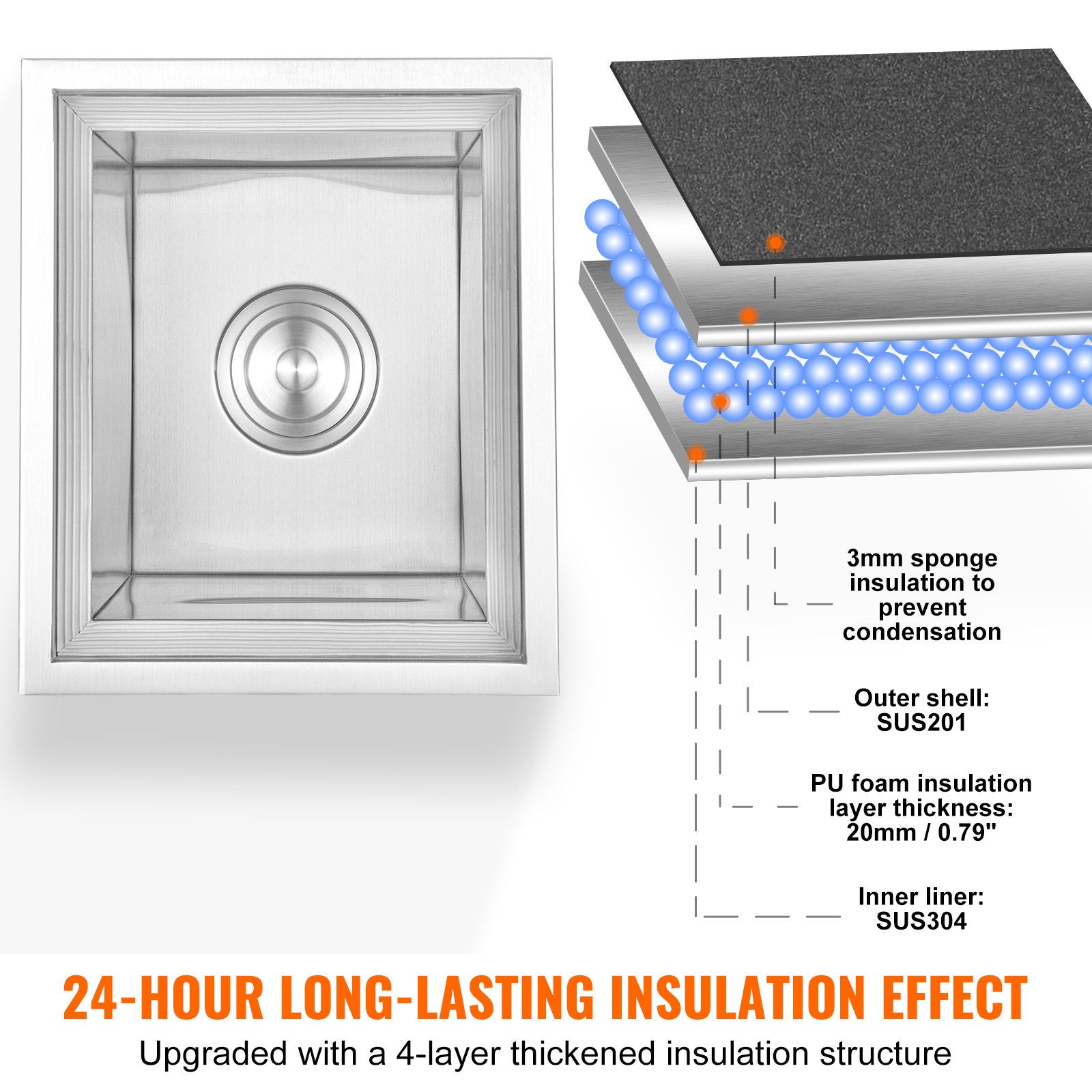 VEVOR Vaschetta per Ghiaccio da Incasso Capienza max. 25,3 L circa Dimensioni 355x305x461mm, Ghiacciaia da Incasso con Coperchio in Acciaio Inox Conservazione di Cubetti di Ghiaccio da Bar Feste Hotel