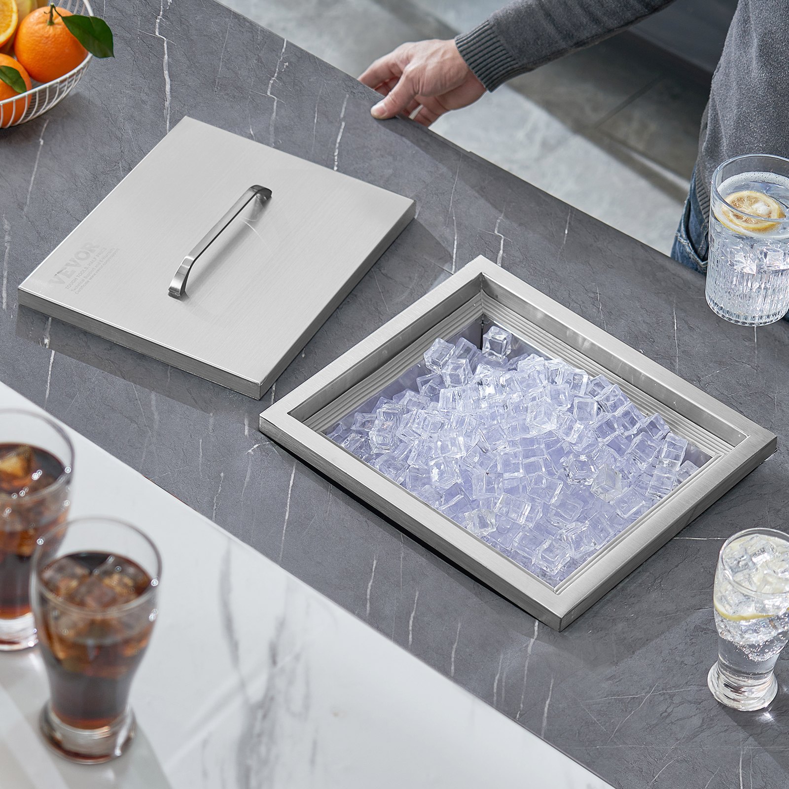 VEVOR Vaschetta per Ghiaccio da Incasso Capienza max. 25,3 L circa Dimensioni 355x305x461mm, Ghiacciaia da Incasso con Coperchio in Acciaio Inox Conservazione di Cubetti di Ghiaccio da Bar Feste Hotel