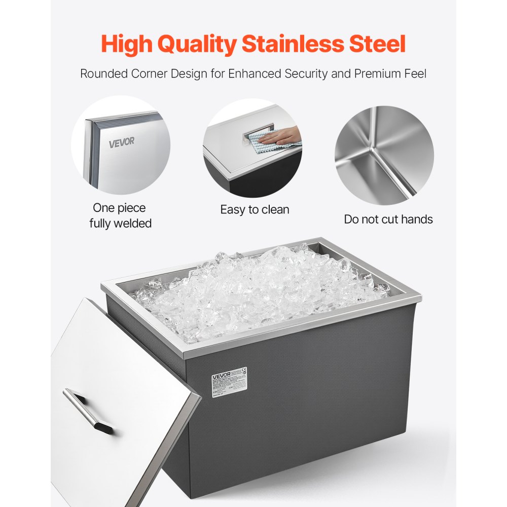 VEVOR Congelatore da Incasso, 508 x 355 x 306 mm, Contenitore per Ghiaccio Commerciale in Acciaio Inox, 30 Litri con Coperchio per Esterni, Set di Tubi di Scarico Incluso, per Vino Freddo