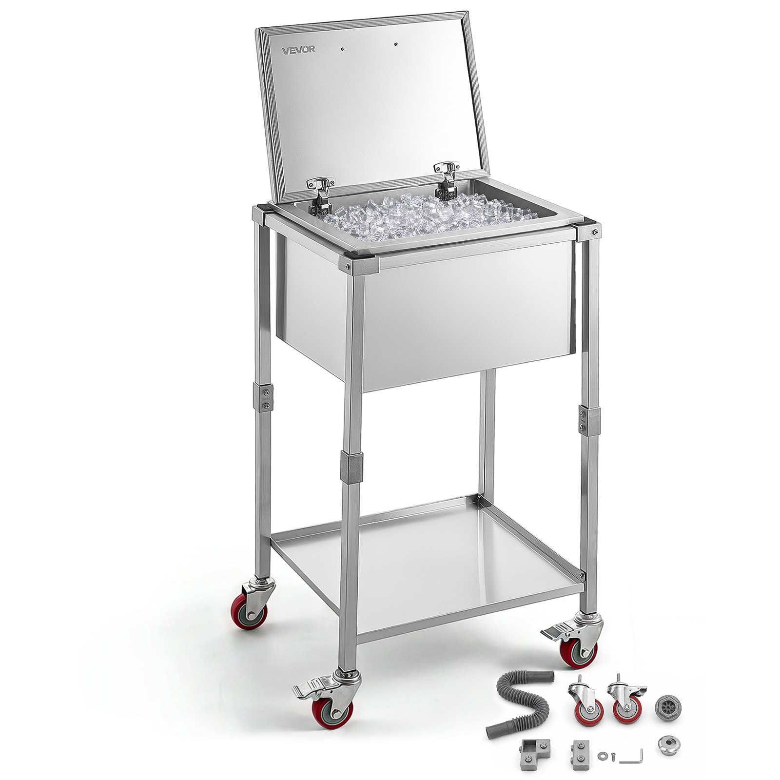 VEVOR Carrello Portaghiaccio Acciaio Inox 54,6 L Contenitore per Ghiaccio, Carrello Frigo con Ruote Coperchio Ribaltabile, 558 x 455 x 1003 mm, Ristorante Cucina Feste Bar Bevande Fredde Cortile