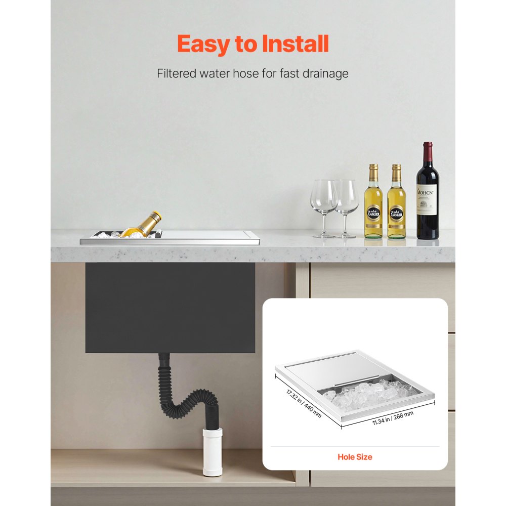 VEVOR Built-in Ice Box (455 x 305 x 400 mm) Stainless Steel Built-in Cooler, 27.1 L Commercial Drop-in Ice Chests with Sliding Lid for Outdoor Use, Including Drain Pipe Set, for Cold Wine and Beer