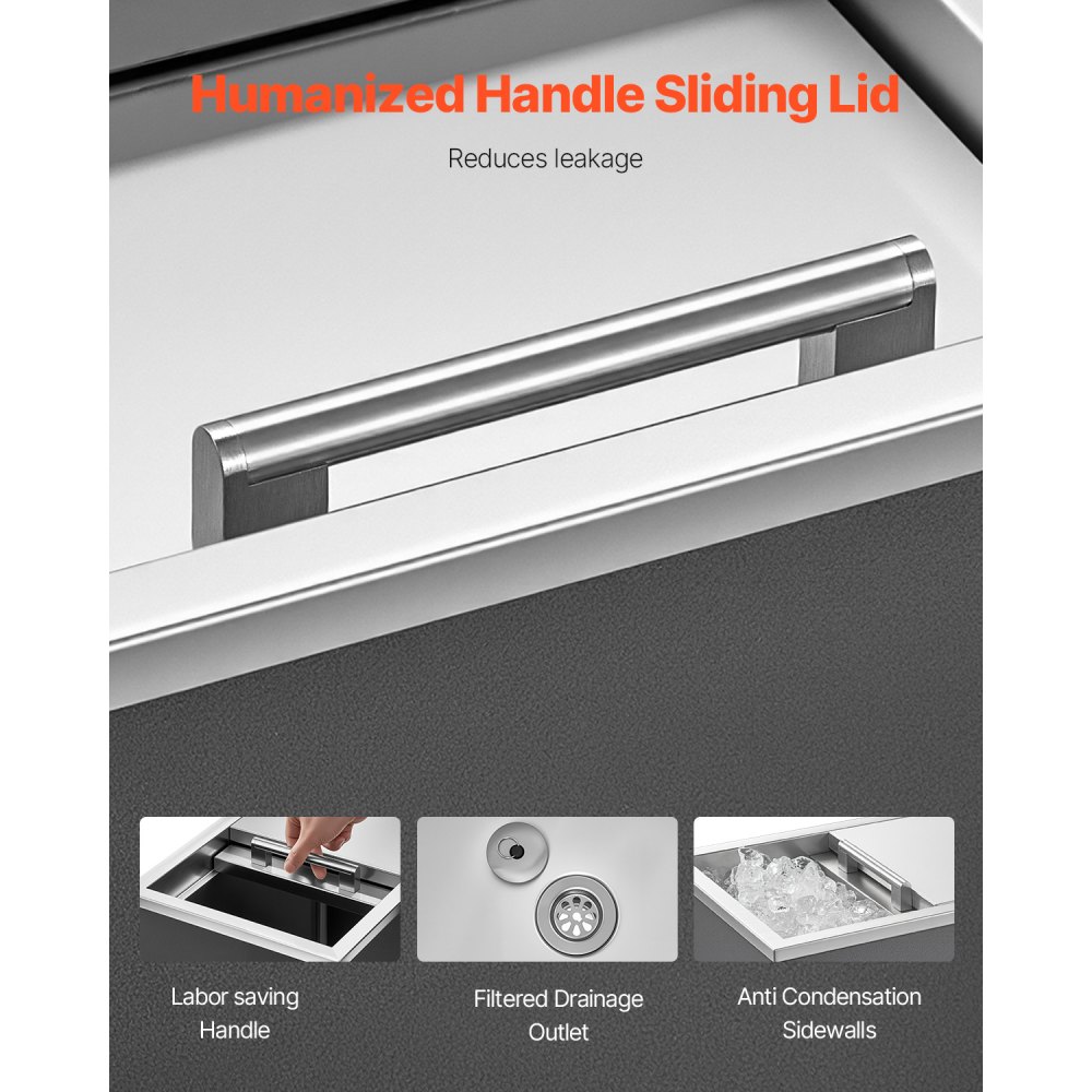 VEVOR Built-in Ice Box (455 x 305 x 400 mm) Stainless Steel Built-in Cooler, 27.1 L Commercial Drop-in Ice Chests with Sliding Lid for Outdoor Use, Including Drain Pipe Set, for Cold Wine and Beer