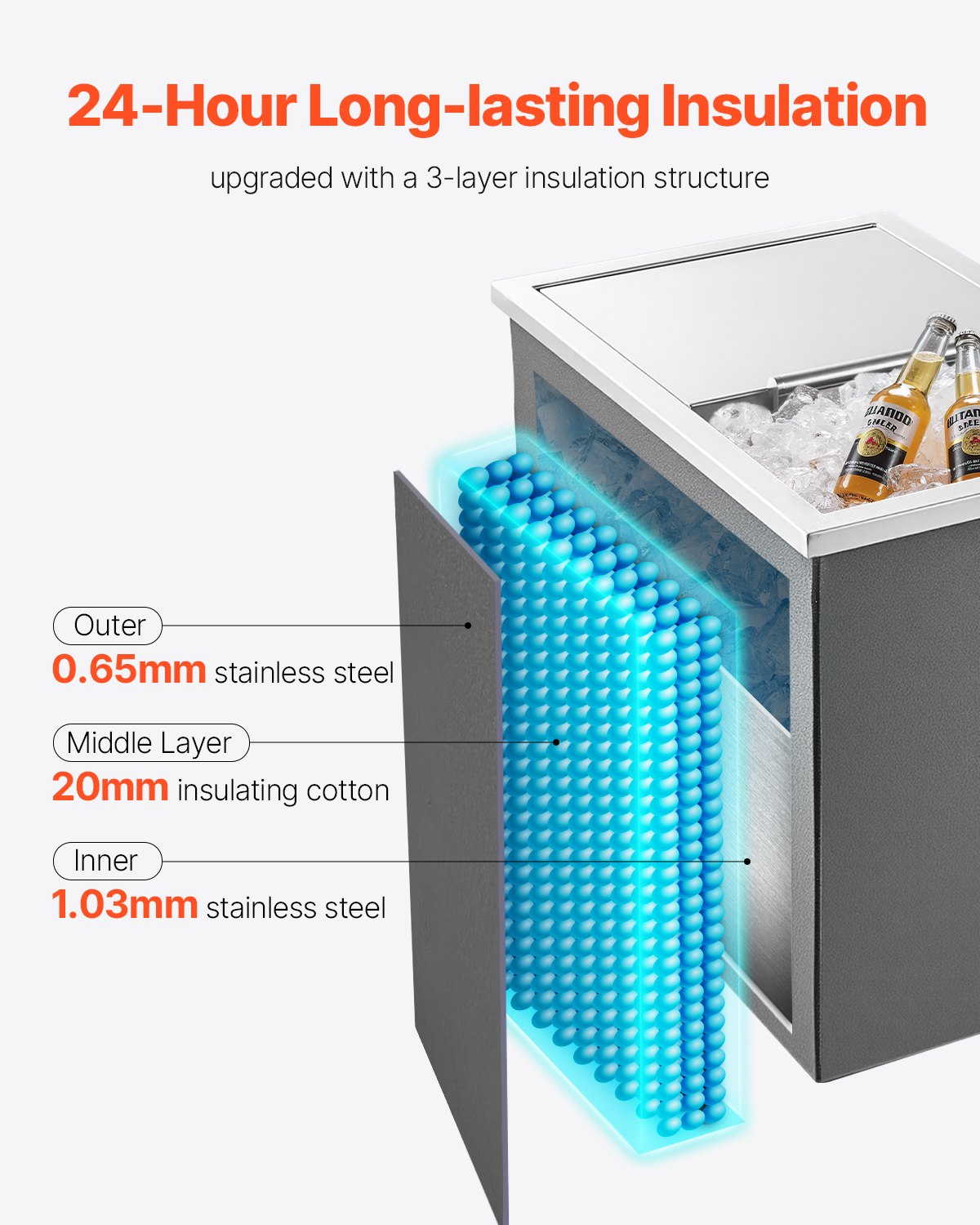 VEVOR Congelatore da Incasso, 455 x 305 x 385 mm, Contenitore per Ghiaccio Commerciale in Acciaio Inox, 27,1 Litri con Coperchio per Esterni, Set di Tubi di Scarico Incluso, per Vino Freddo