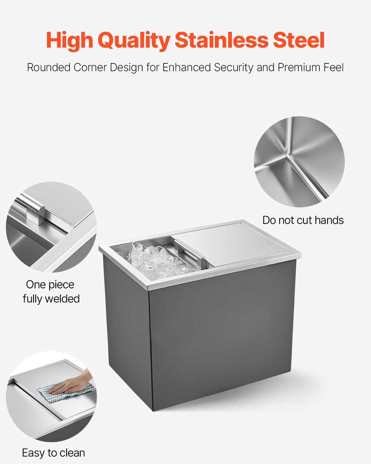 VEVOR Built-in Ice Box (455 x 305 x 400 mm) Stainless Steel Built-in Cooler, 27.1 L Commercial Drop-in Ice Chests with Sliding Lid for Outdoor Use, Including Drain Pipe Set, for Cold Wine and Beer