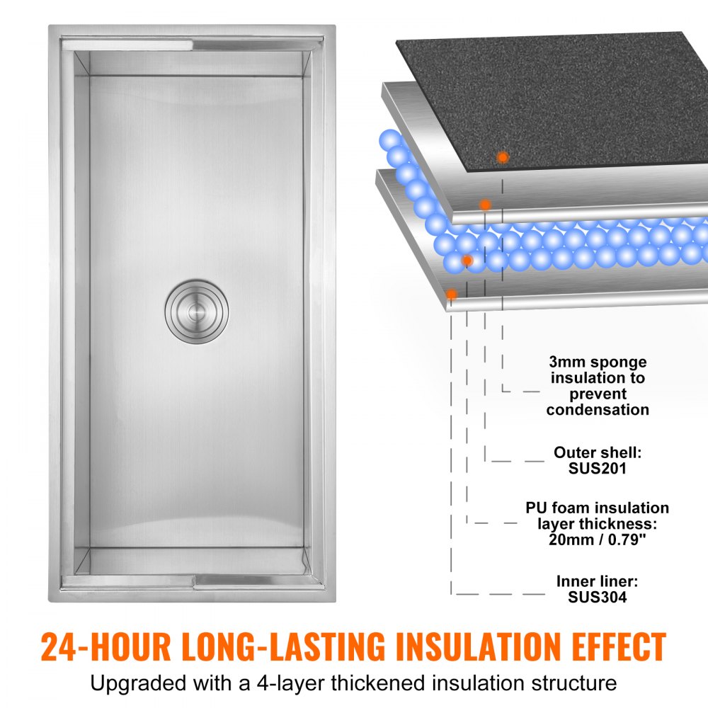 VEVOR Vaschetta per Ghiaccio da Incasso 95,66 L 913x456x358 mm, Ghiacciaia Isolata in Acciaio Inox, con Coperchio Scorrevole, Conservazione dei Cubetti di Ghiaccio, Bevande Birre Cucina