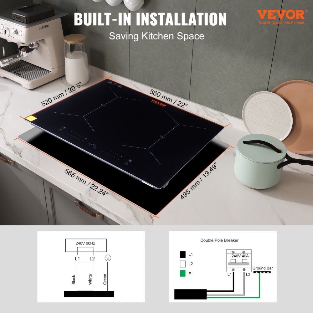 VEVOR Piano Cottura a Induzione 4 Fuochi 6800W Fornello a Induzione da Incasso Piano Cottura Elettrico in Vetroceramica da 61 cm con Timer Controllo Touch Anti-Traboccamento 9 Livelli di Regolazione