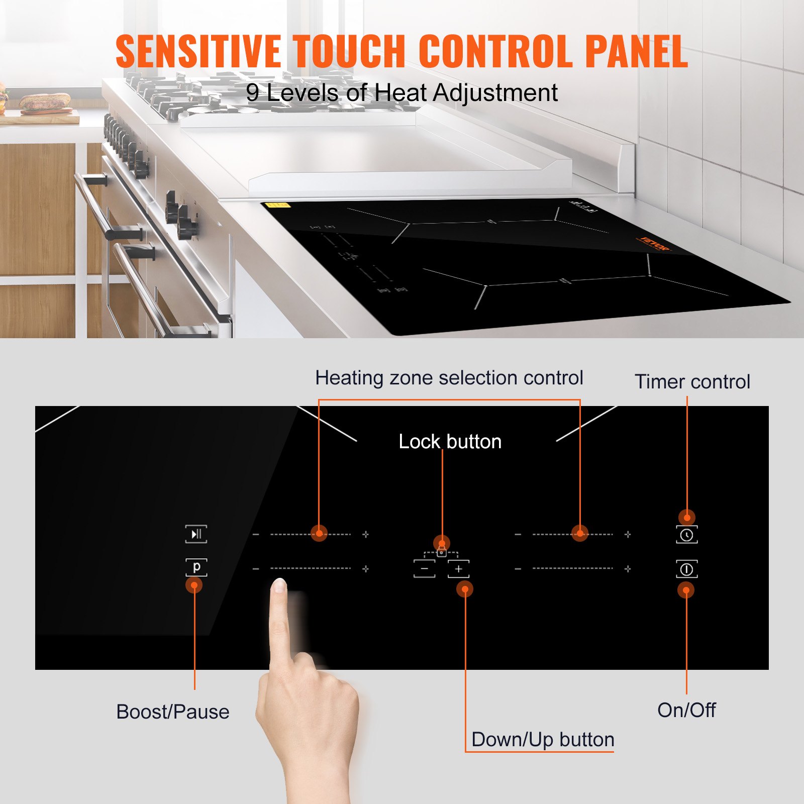 VEVOR Piano Cottura a Induzione 4 Fuochi 6800W Fornello a Induzione da Incasso Piano Cottura Elettrico in Vetroceramica da 61 cm con Timer Controllo Touch Anti-Traboccamento 9 Livelli di Regolazione