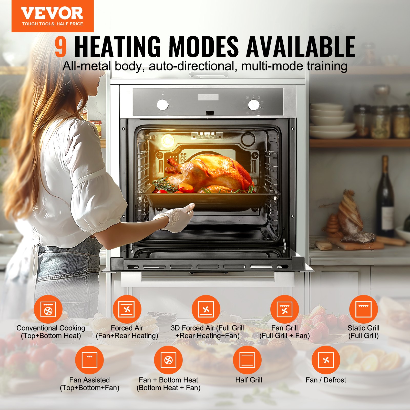 VEVOR Single Wall Oven, 24" Electric Built-in Wall Oven with 9 Cooking Functions, 2.68 Cubic Foot Electric Wall Oven, Heats Up to 200°C in 5 Minutes, 3550 W Electric Oven with Baking Rack and Baking Tray, Kitchen