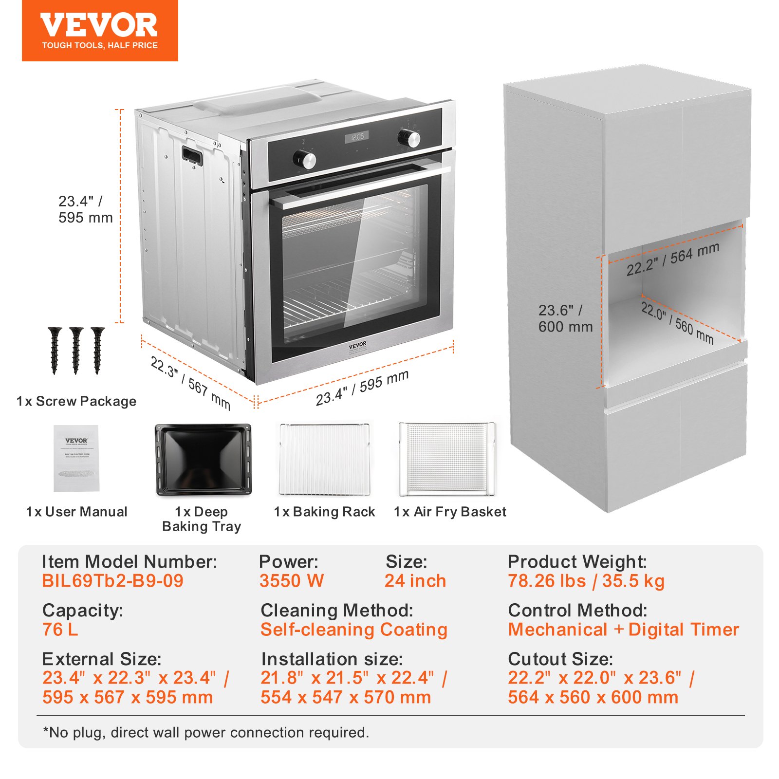 VEVOR Single Wall Oven, 24" Electric Built-in Wall Oven with 9 Cooking Functions, 2.68 Cubic Foot Electric Wall Oven, Heats Up to 200°C in 5 Minutes, 3550 W Electric Oven with Baking Rack and Baking Tray, Kitchen