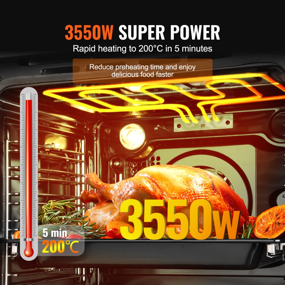 VEVOR Single Wall Oven, 24" Electric Built-in Wall Oven with 16 Cooking Functions, 2.68 Cubic Foot Electric Wall Oven, Heats Up to 200°C in 5 Minutes, 3550 W Electric Oven with Baking Rack and Baking Tray, Kitchen