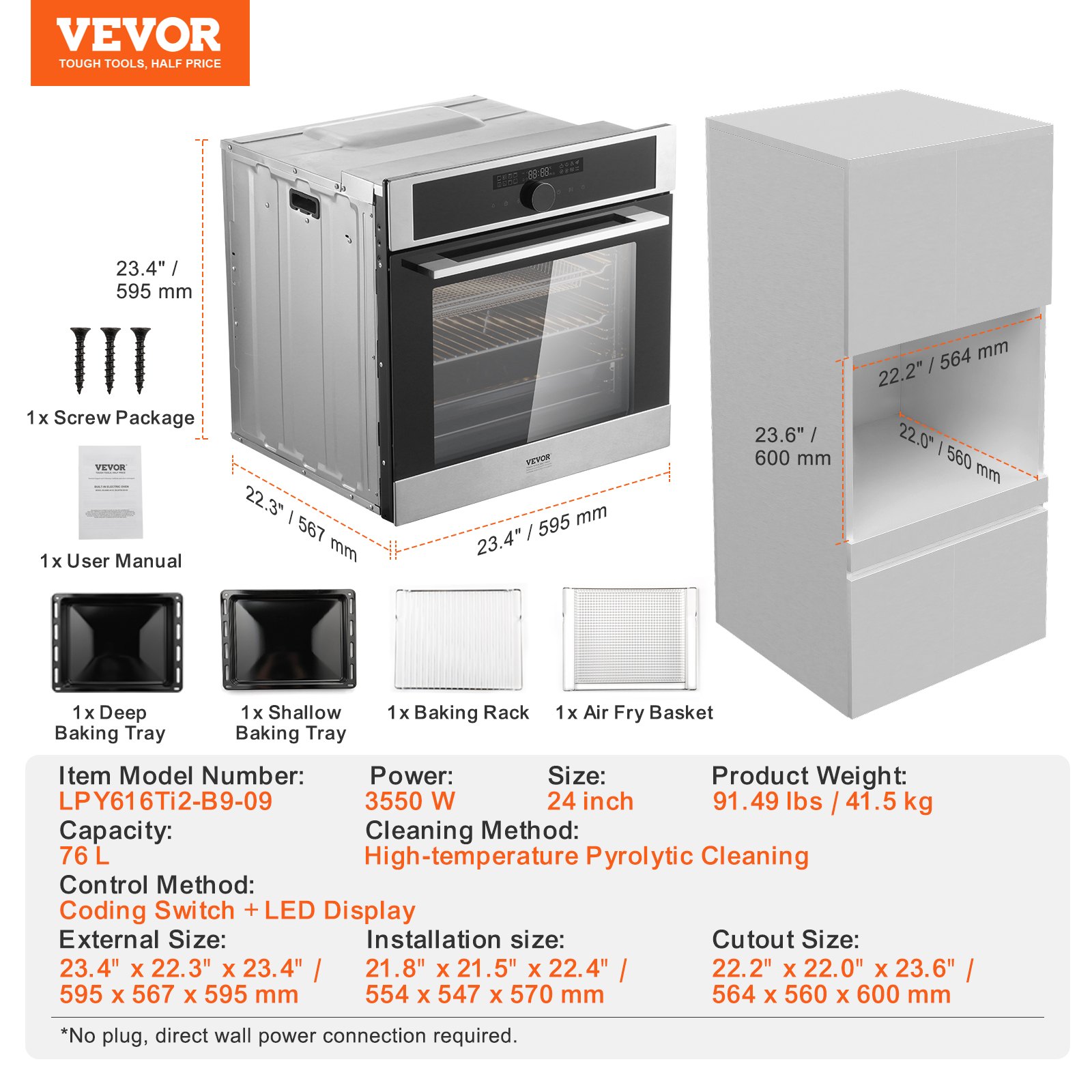 VEVOR Single Wall Oven, 24" Electric Built-in Wall Oven with 16 Cooking Functions, 2.68 Cubic Foot Electric Wall Oven, Heats Up to 200°C in 5 Minutes, 3550 W Electric Oven with Baking Rack and Baking Tray, Kitchen