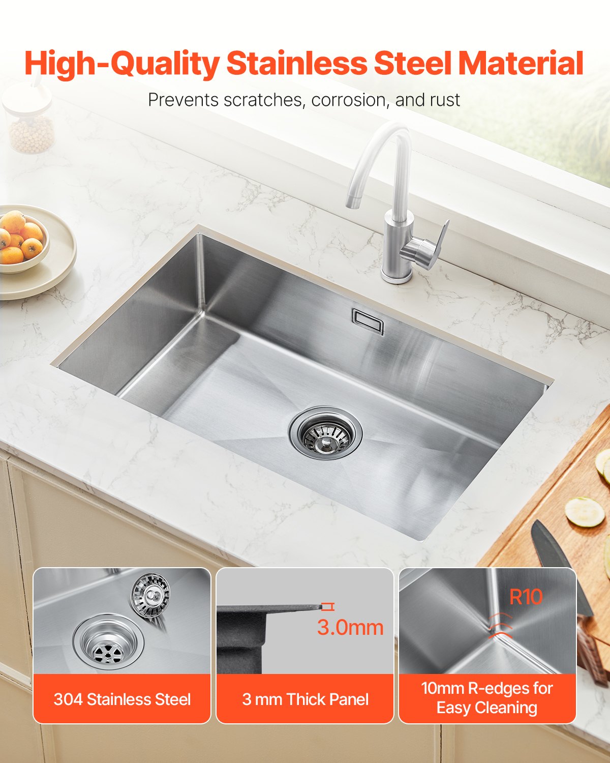 VEVOR Kitchen Sink, Built-in Sink, 76 x 43 x 19 cm, Stainless Steel, Single Bowl Sink with Accessories, Household Sink for Motorhome, Preparation Kitchen, Bar