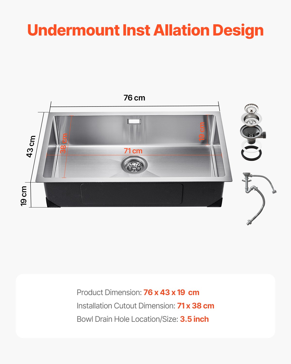 VEVOR Kitchen Sink, Built-in Sink, 76 x 43 x 19 cm, Stainless Steel, Single Bowl Sink with Accessories, Household Sink for Motorhome, Preparation Kitchen, Bar