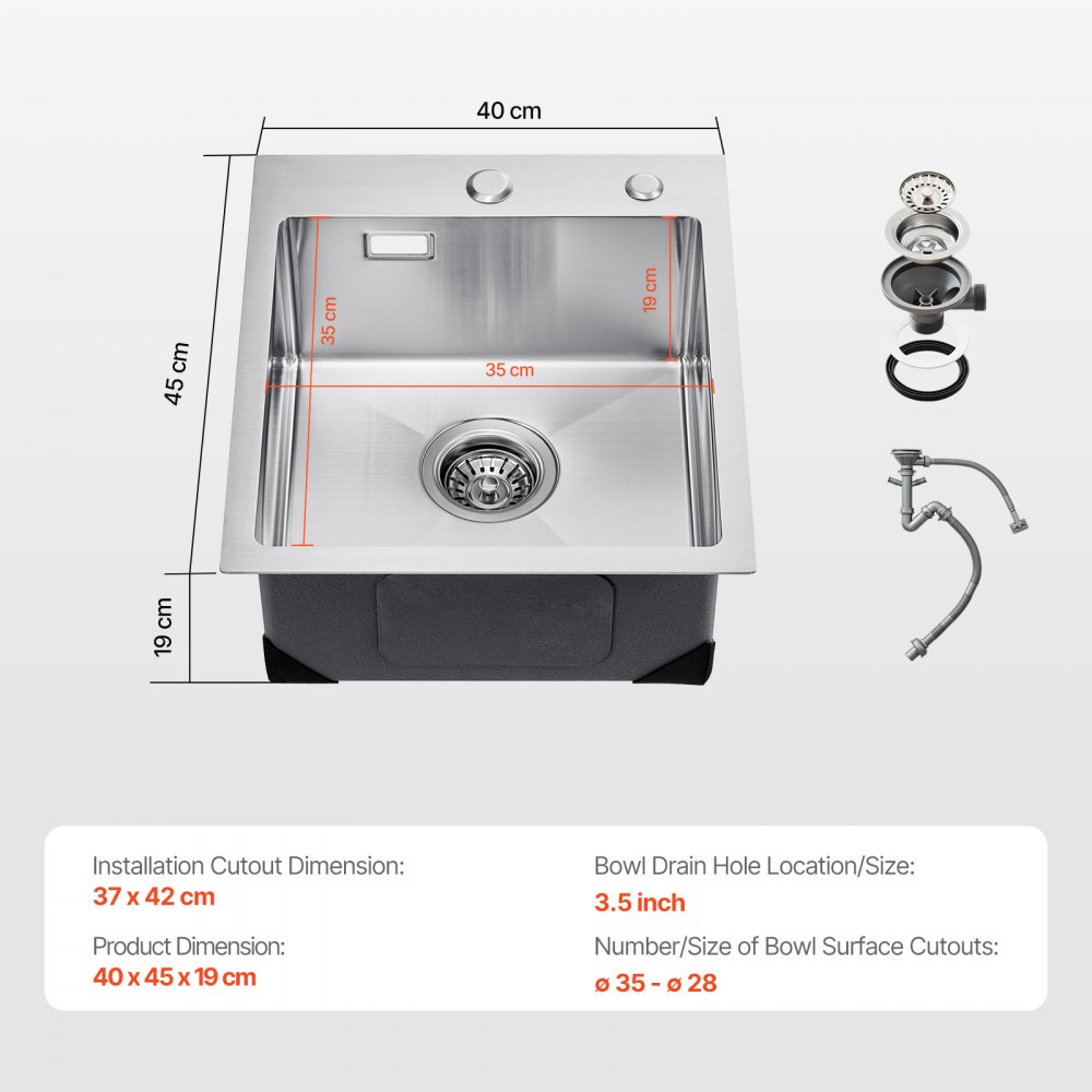 VEVOR Kitchen Sink, Built-in Sink, Stainless Steel, 40 x 45 x 19 cm, Top-Mounted Sink, Single Bowl with Accessories, Household Sink for RV, Preparation Kitchen, Bar