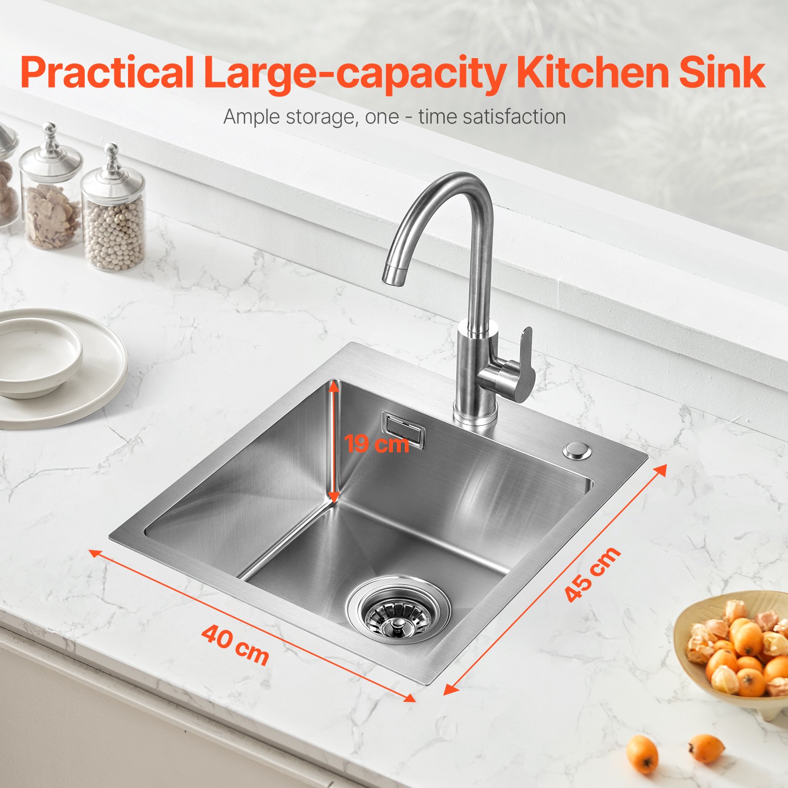 VEVOR Kitchen Sink, Built-in Sink, Stainless Steel, 40 x 45 x 19 cm, Top-Mounted Sink, Single Bowl with Accessories, Household Sink for RV, Preparation Kitchen, Bar