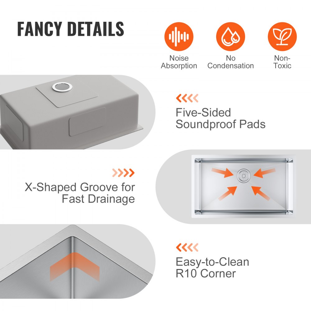 VEVOR Lavello da Incasso in Acciaio Inox 304 Vasca Singola Dimensioni Interne 712 x 407 mm per Cucina Garage Officina Fattoria, Lavandino Sottopiano Incasso in Acciaio Inox Profondità 230mm per Cucina