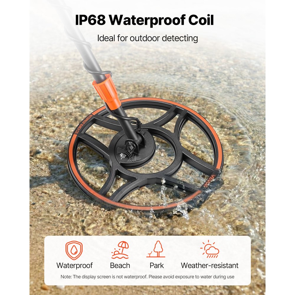 VEVOR Waterproof Metal Detector, 304.8 mm, Professional High Accuracy Gold Detector for Adults, with Display, Wireless Headphones, 7 Modes, Adjustable Length, for Detecting Gold Treasure Hunting, IP68