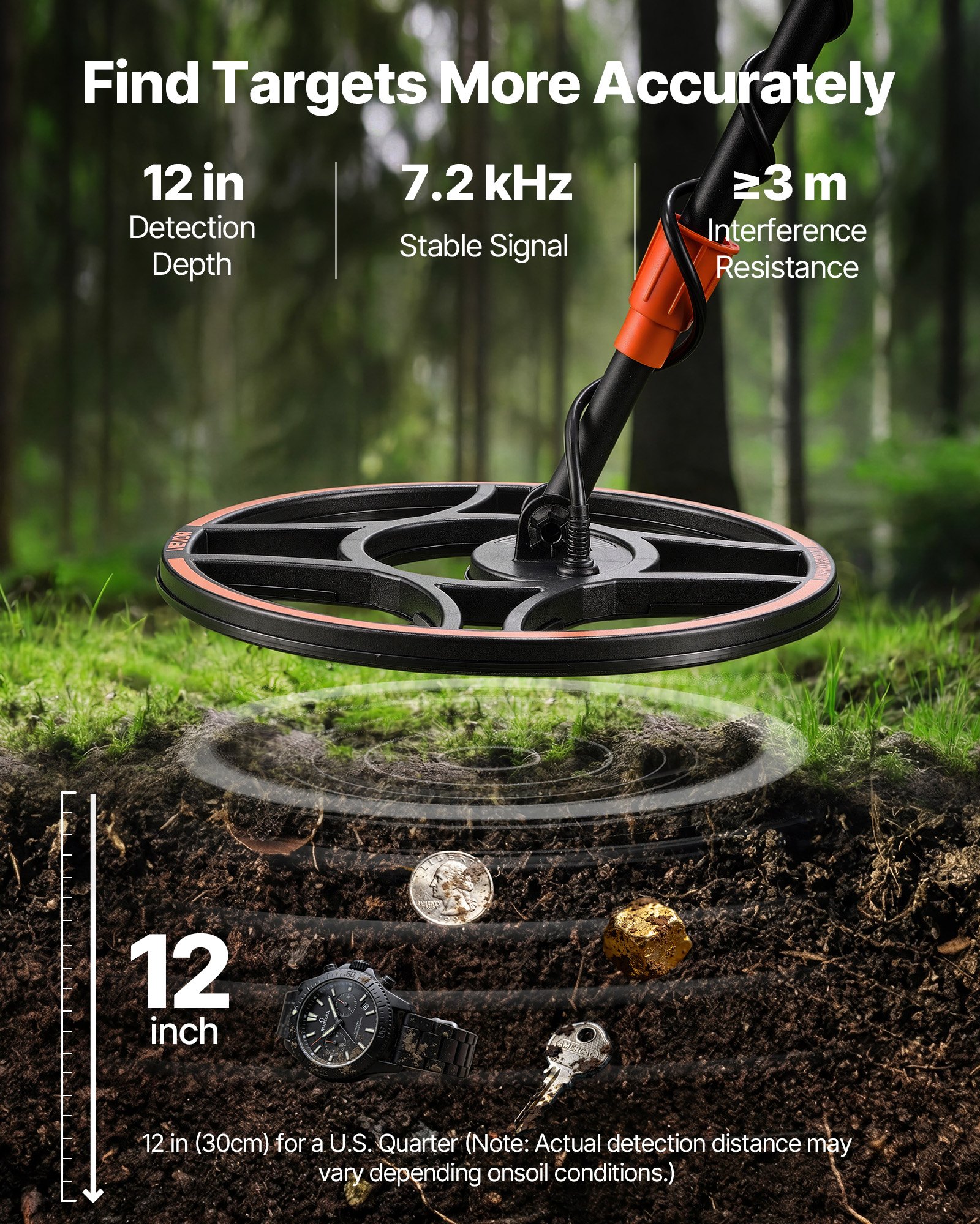 VEVOR Waterproof Metal Detector, 304.8 mm, Professional High Accuracy Gold Detector for Adults, with Display, Wireless Headphones, 7 Modes, Adjustable Length, for Detecting Gold Treasure Hunting, IP68