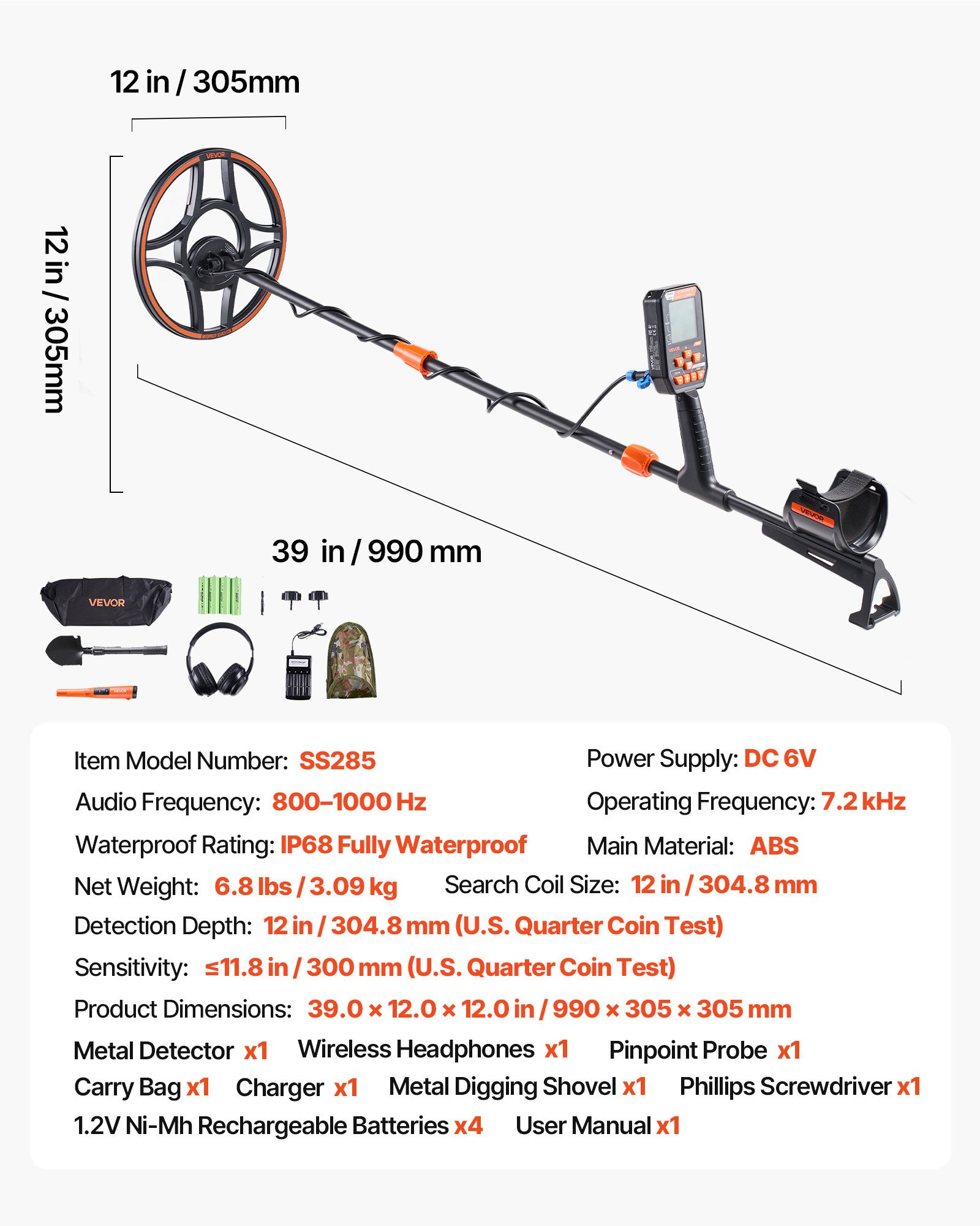 VEVOR Waterproof Metal Detector, 304.8 mm, Professional High Accuracy Gold Detector for Adults, with Display, Wireless Headphones, 7 Modes, Adjustable Length, for Detecting Gold Treasure Hunting, IP68