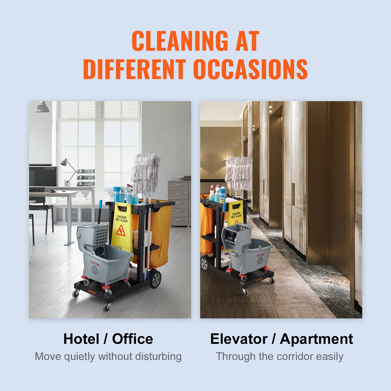 VEVOR Cleaning Trolley with 3 Compartments, Hygiene Trolley, Cleaning Trolley, 90.7 kg Load Capacity, Black PP Mop Trolley, System Trolley incl. PVC Waste Bag & Gloves, Suitable for Offices, Malls, Hotels