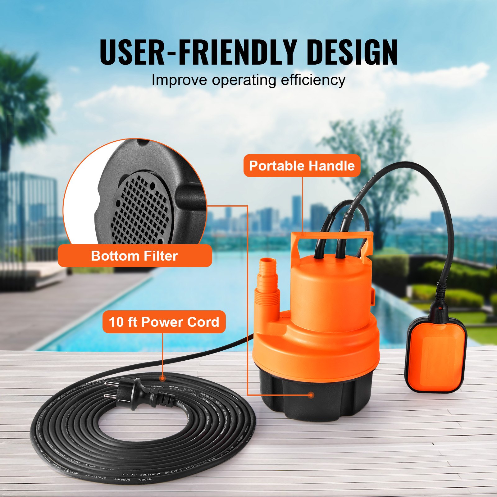 VEVOR Pompa ad Acqua Sommergibile 320 W Pompa Acque Scure Portata Elevata 6000 L/H Prevalenza da 7 m con Cavo di Alimentazione per Scaricare l'Acqua dalla Piscina Stagno da Giardino Seminterrato