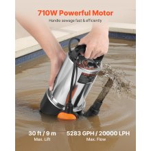 VEVOR Pompa Sommergibile per Pozzetto 710W, 20000 L/H, per Acque Sporche e Pulite in Acciaio Inox con Interruttore a Galleggiante Automatico, Cavo Lungo, Sollevamento max. 9 m, per Piscine, Giardino