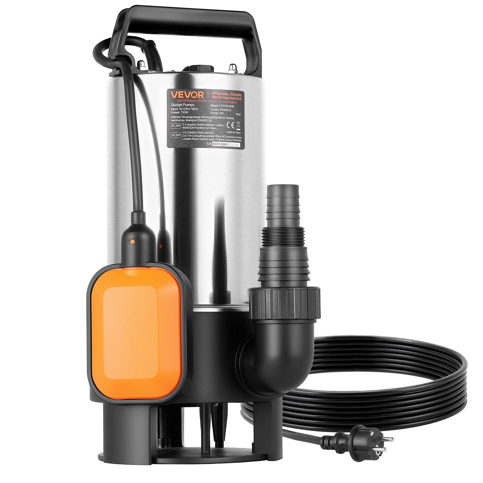 VEVOR Pompa Sommergibile per Pozzetto 710W, 20000 L/H, per Acque Sporche e Pulite in Acciaio Inox con Interruttore a Galleggiante Automatico, Cavo Lungo, Sollevamento max. 9 m, per Piscine, Giardino