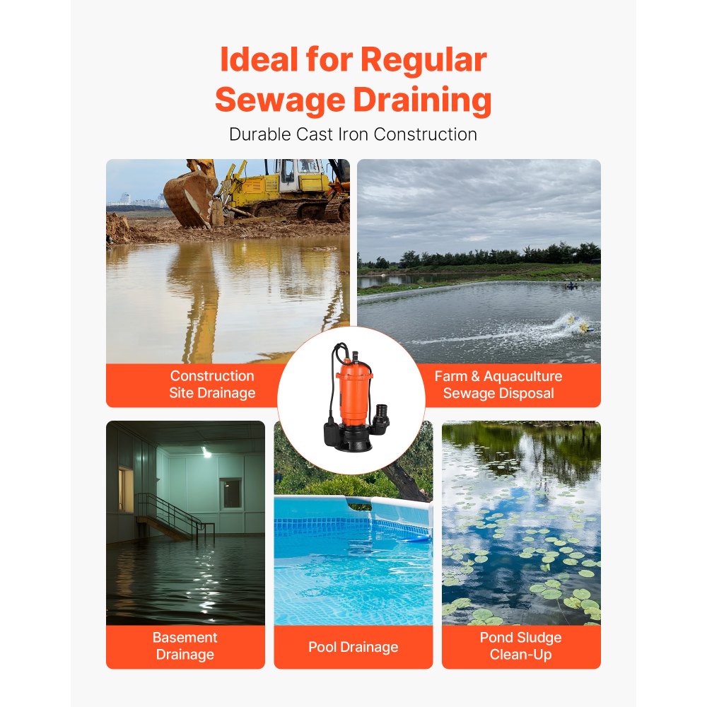 VEVOR Pompa Sommergibile per Acqua Sporca da 1500 W, 22800 L/H, in Ghisa con Interruttore a Galleggiante Automatico, Sollevamento Massimo 18 m, Scarico di Acqua Pulita, per Piscine, Giardino