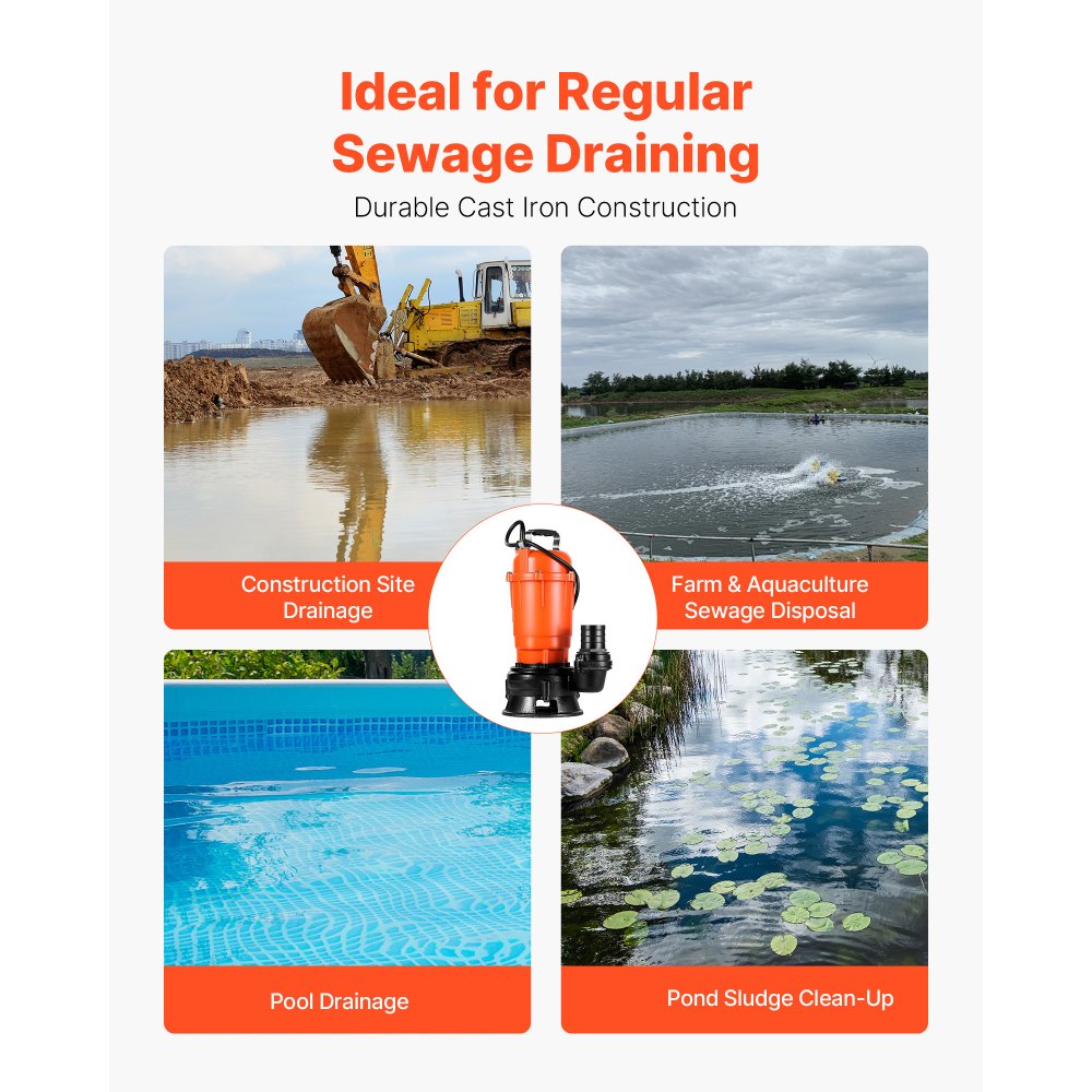 VEVOR Pompa Sommergibile per Acque Reflue 550 W, 18000 L/H, in Ghisa, Sollevamento Massimo di 10 m, Drenaggio di Acqua Sporca e Pulita per Prosciugare Piscine, Giardino Seminterrato