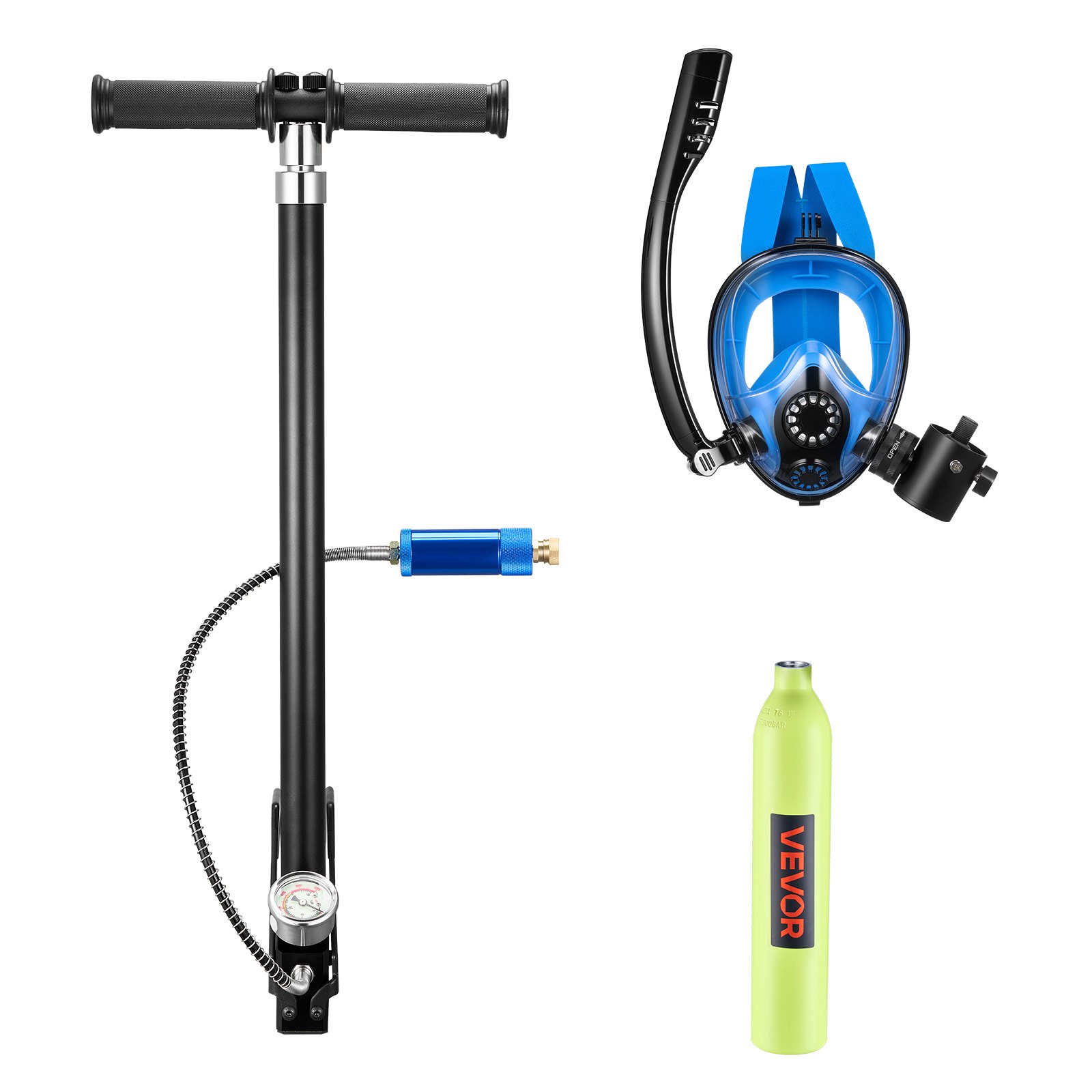 VEVOR Mini Bombola Subacquea per Immersioni, Set di Bombola Portatile 0,5 L con Maschera Subacquea Integrale, Pompa Manuale ad Alta Pressione, Mini Scuba Tank Autonomia Fino a 10 Minuti, Multiuso