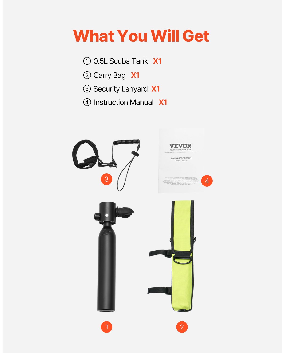 VEVOR Diving Cylinder, Portable Diving Cylinder 0.5 L, Oxygen Cylinder for Diving, Supports 5-10 Minutes of Underwater Breathing, 30 m Diving Depth, Lung Cylinder Set for Underwater Exploration/Rescue