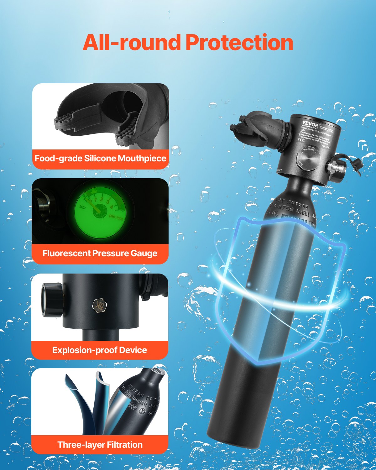 VEVOR Bombola Subacquea Portatile da 0,5 L Bombola di Ossigeno per Immersioni con Pompa, Supporta 5 a10 Minuti di Respirazione Subacquea, Profondità di Immersione 30 m per Esplorazione Soccorso