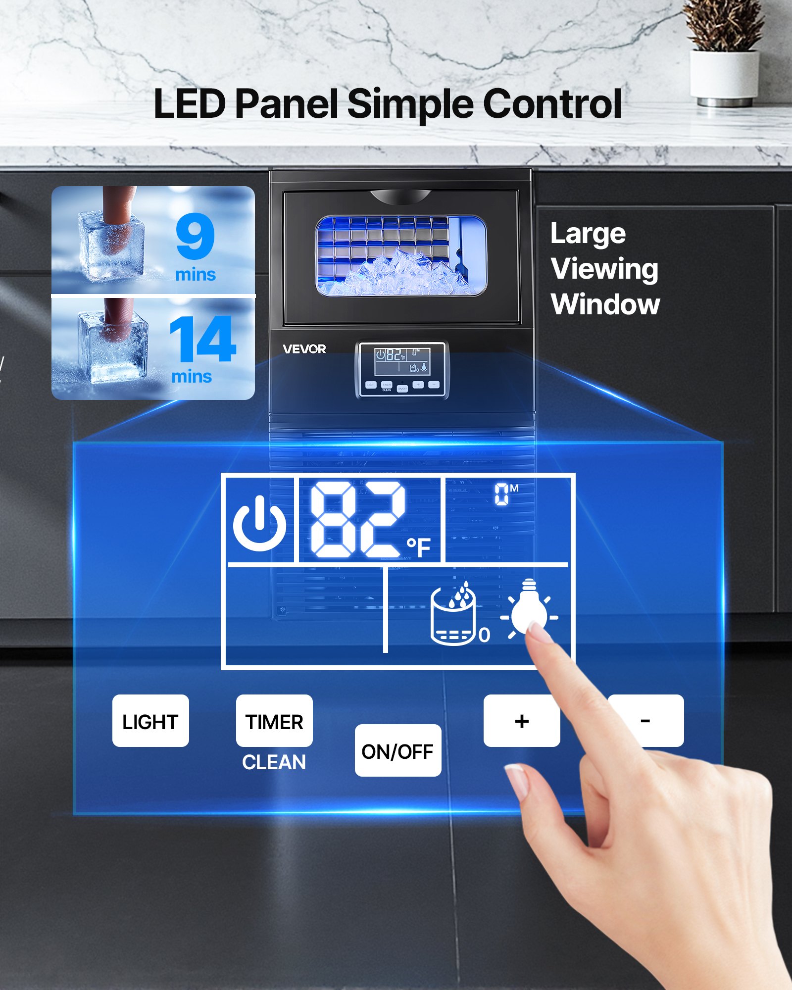 VEVOR Macchina per Cubetti di Ghiaccio Commerciale, Fabbricatore per Cubetti di Ghiaccio da 36 kg/giorno con Capacità di 5 kg da Pavimento da Tavolo in Acciaio Inox con Display LED Autopulente