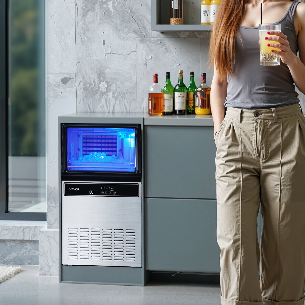 VEVOR Macchina per Ghiaccio Commerciale, 59kg / 24 ore con Capacità di Stoccaggio 15kg, 45 Cubetti per Ciclo, Macchina per Ghiaccio Indipendente e Sottobanco in Acciaio Inox con Display a LED