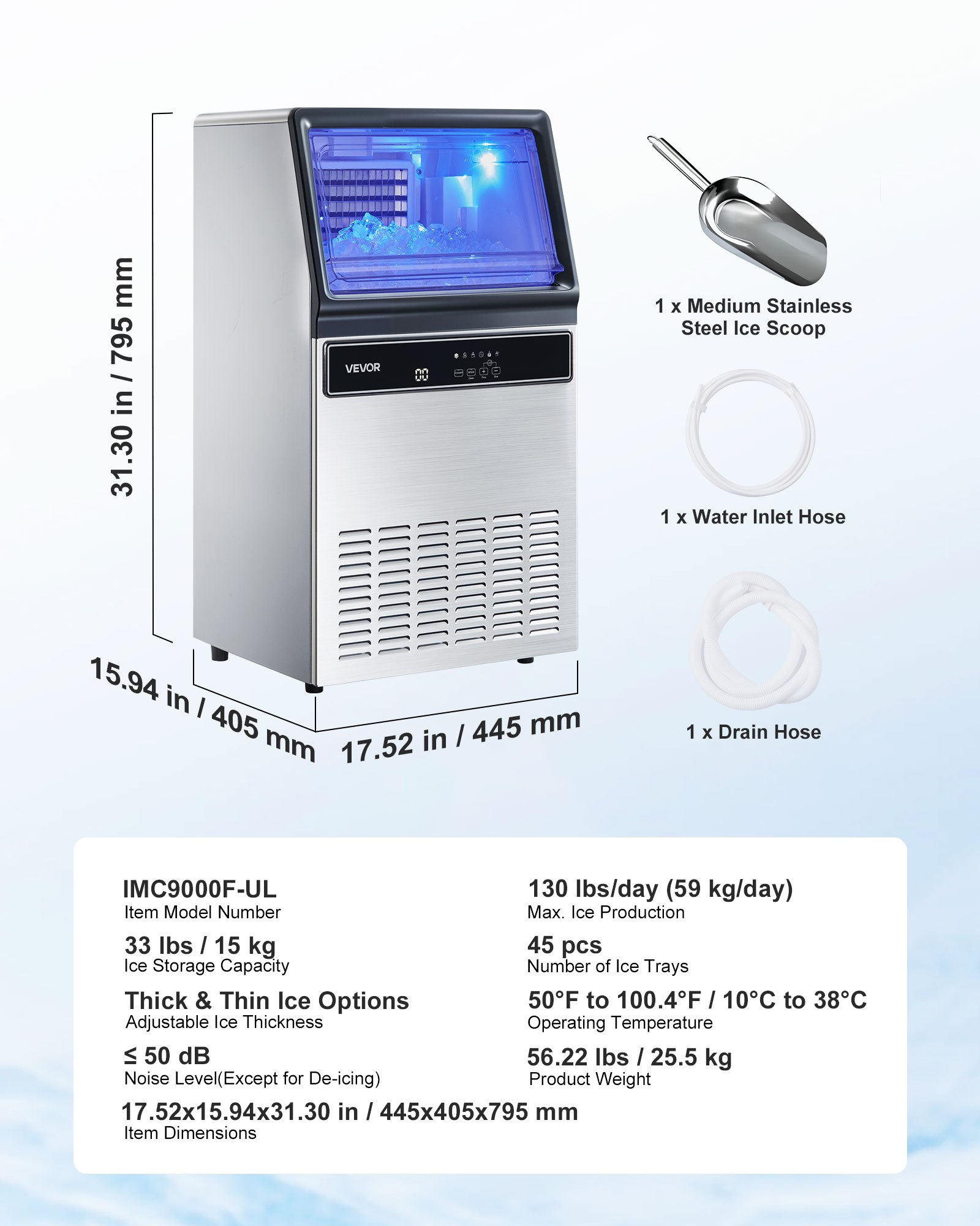 VEVOR Macchina per Ghiaccio Commerciale, 59kg / 24 ore con Capacità di Stoccaggio 15kg, 45 Cubetti per Ciclo, Macchina per Ghiaccio Indipendente e Sottobanco in Acciaio Inox con Display a LED