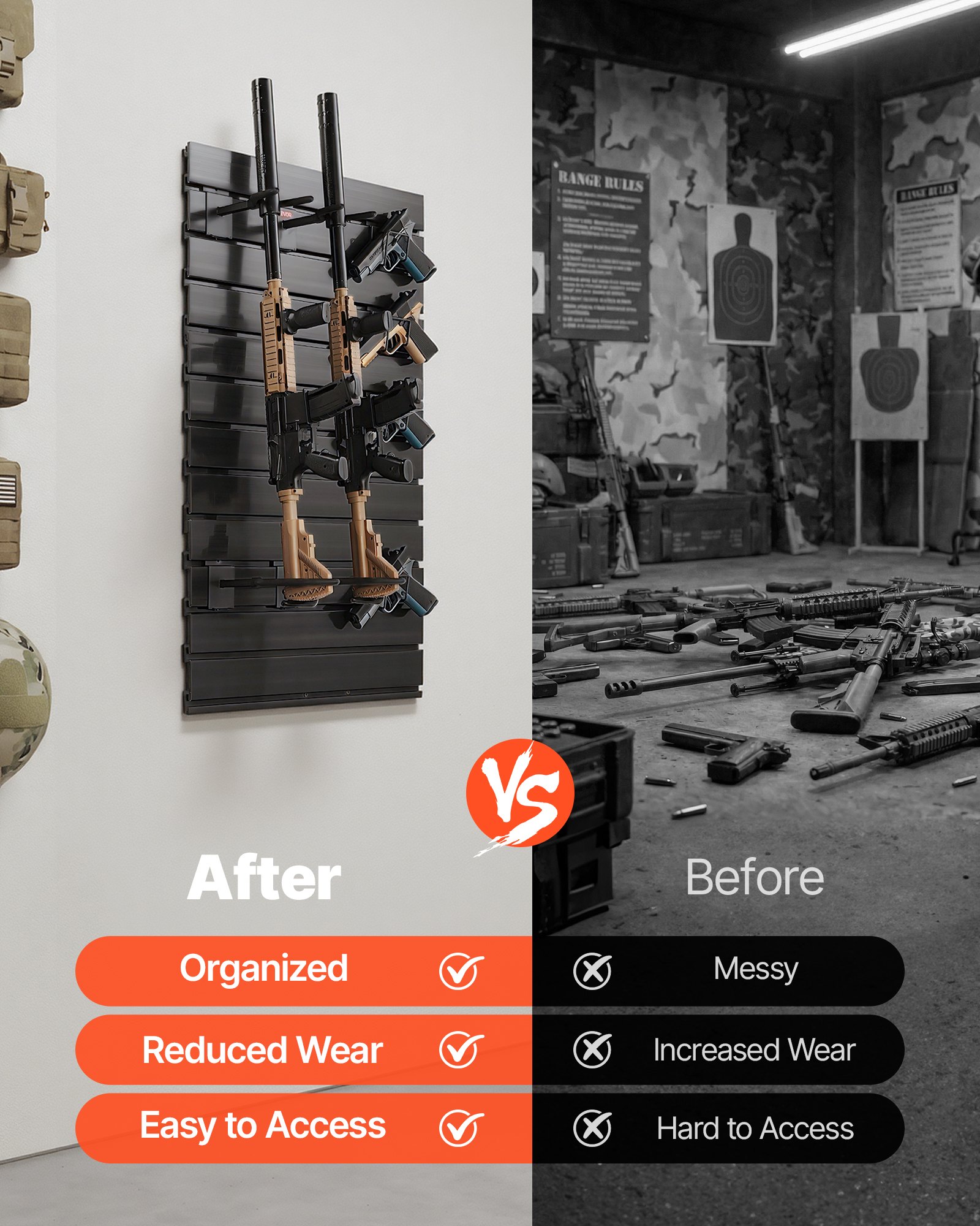 VEVOR Portafucile da Parete Porta Armi da Fuoco da Parete con Ganci Portaoggetti Capienza 2 Fucili 4 Pistole Attrezzatura da Tiro Pannello Portafucili Verticale da Muro Garage Negozio Casa Sala Giochi