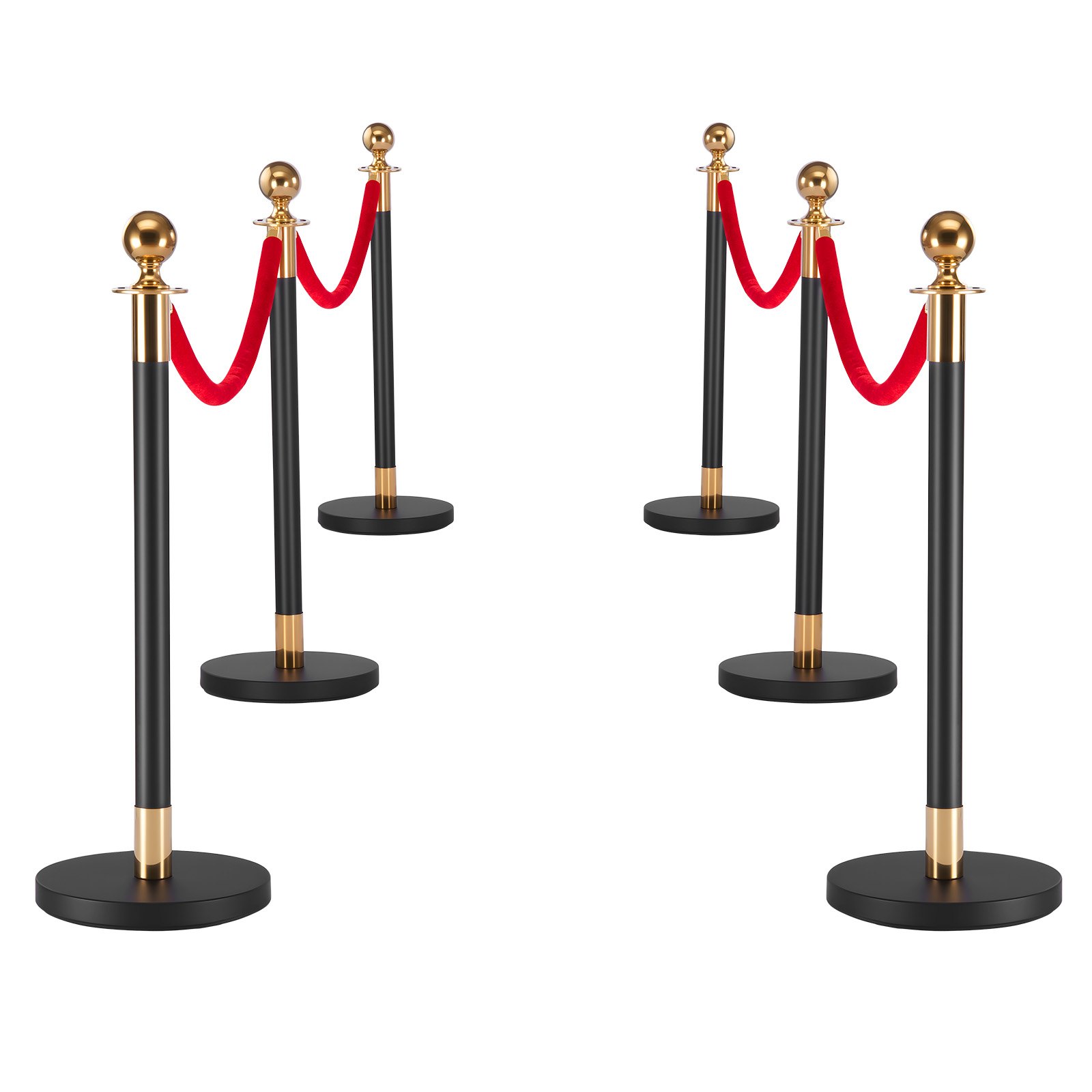 VEVOR Barriere per Controllo della Folla con Tappeto Rosso, 4 Corde di Velluto Rosso, Coda di Pali di Sostegno in Acciaio al Carbonio Dorato con Base Cava per Teatro, Feste, Matrimoni, Mostre, Nero