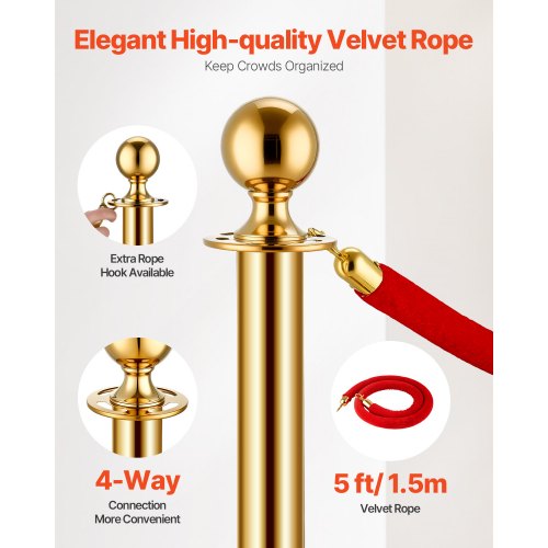 Set 4 Pali Di Sostegno VEVOR Con Corde Di Velluto - Barriere Per Controllo Folla, Acciaio Inox Dorato, Altezza 1.5m