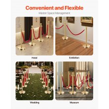 VEVOR Paletto di Sostegno, Set di 4, Barriere di Controllo della Folla con 3 Corde di Velluto Rosso, Palo di Sostegno in Acciaio Inossidabile Dorato 1,5 m con Base Cava per Festa, Matrimonio, Mostra