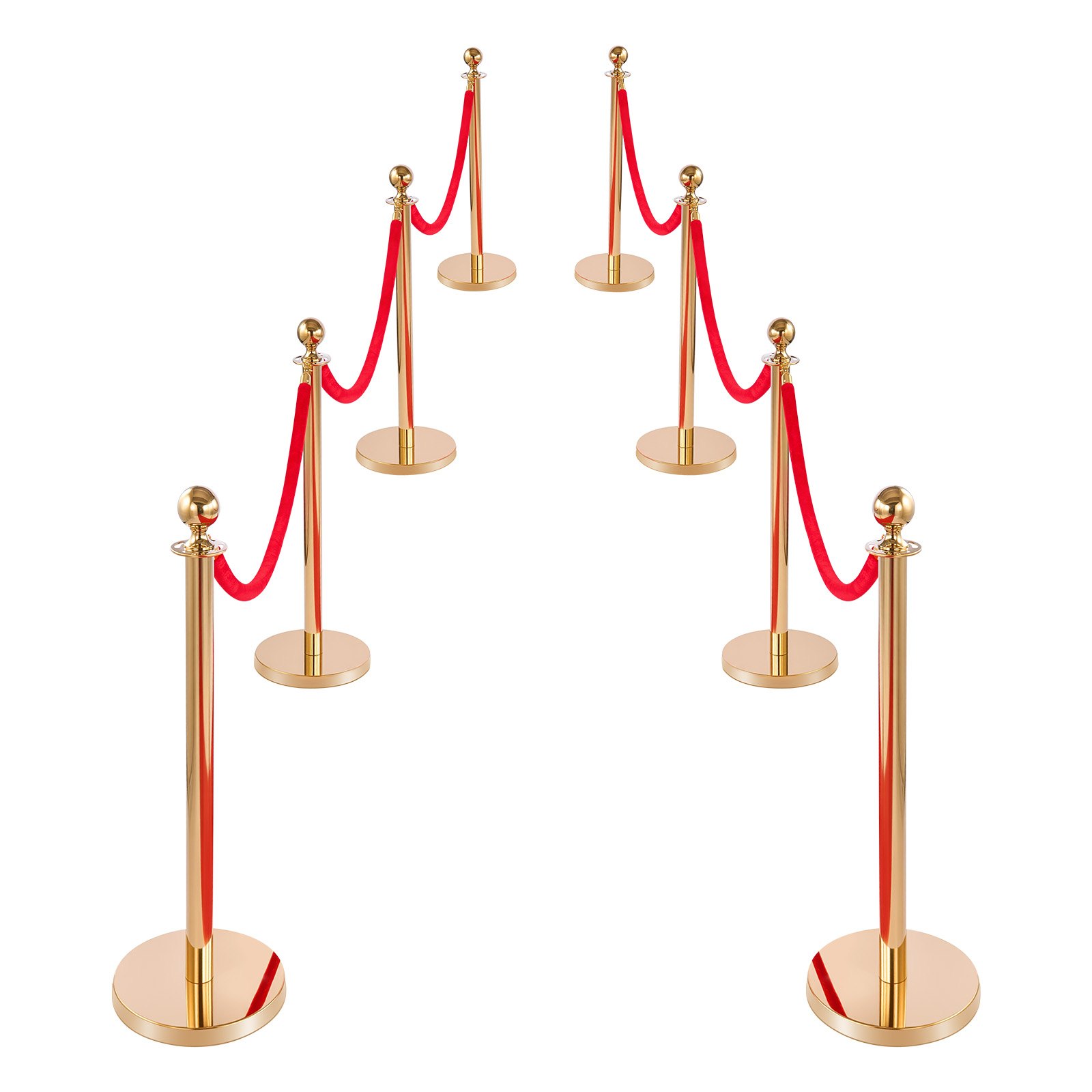 VEVOR Set di Barriere di Controllo della Folla con Tappeto Rosso, 6 Corde di Velluto Rosso, Coda di Pali di Sostegno in Acciaio Inossidabile Dorato con Base Cava per Teatro, Matrimoni, 8 Pezzi