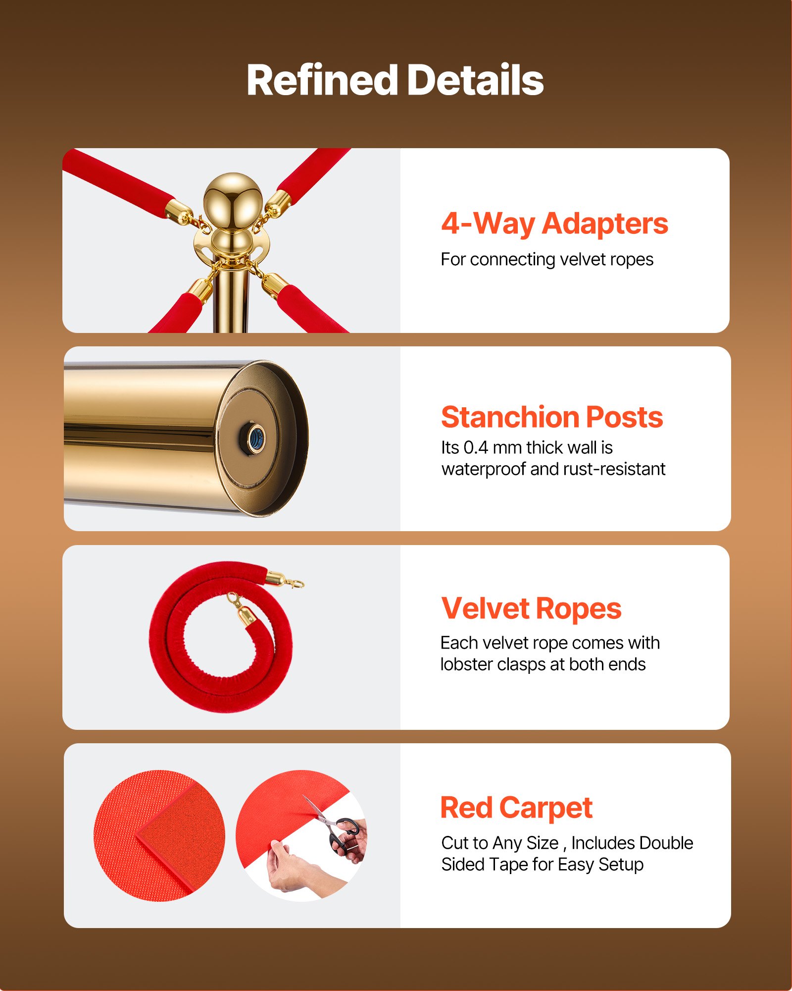 VEVOR Stanchion Post, 6 Pcs Crowd Control Barrier Set with Red Carpet, 4 Red Velvet Ropes, Stainless Steel Gold Stanchion Post Queue with Hollow Base for Theater, Party, Wedding, Exhibition (Gold)