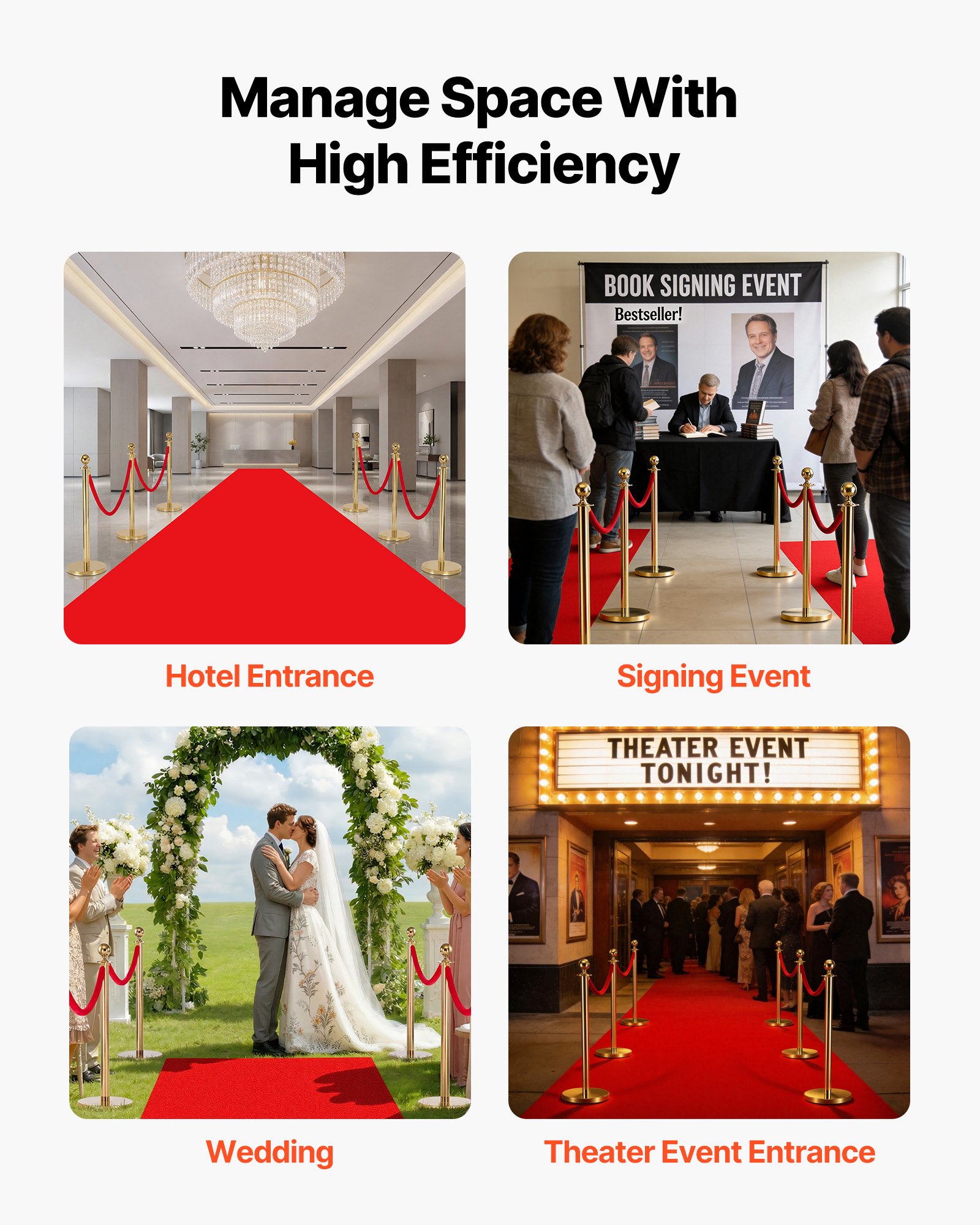 VEVOR Stanchion Post, 6 Pcs Crowd Control Barrier Set with Red Carpet, 4 Red Velvet Ropes, Stainless Steel Gold Stanchion Post Queue with Hollow Base for Theater, Party, Wedding, Exhibition (Gold)