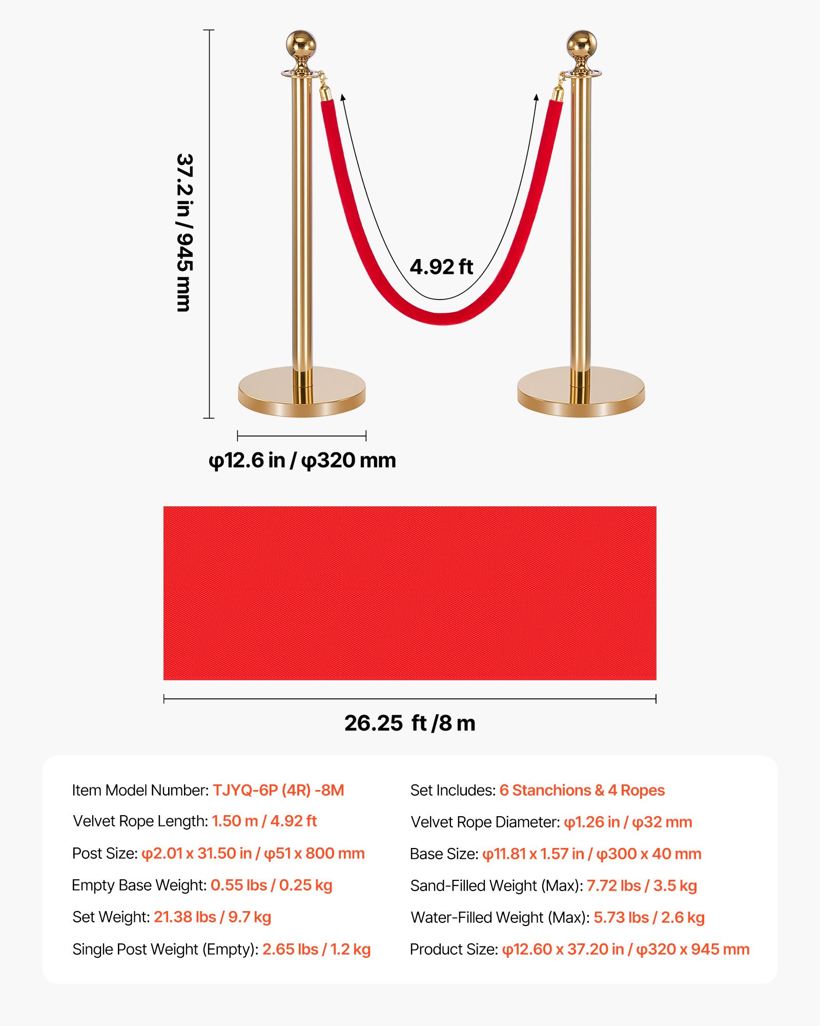 VEVOR Stanchion Post, 6 Pcs Crowd Control Barrier Set with Red Carpet, 4 Red Velvet Ropes, Stainless Steel Gold Stanchion Post Queue with Hollow Base for Theater, Party, Wedding, Exhibition (Gold)