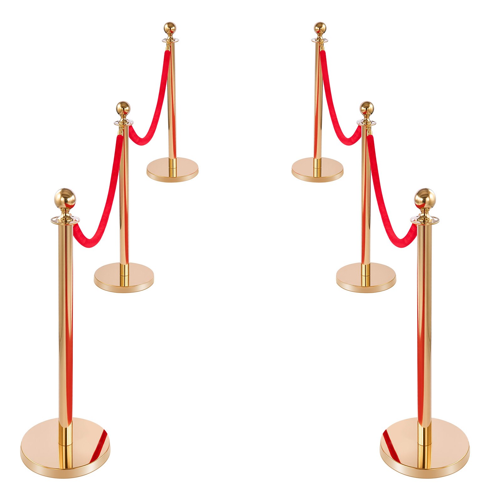VEVOR Stanchion Post, 6 Pcs Crowd Control Barrier Set with Red Carpet, 4 Red Velvet Ropes, Stainless Steel Gold Stanchion Post Queue with Hollow Base for Theater, Party, Wedding, Exhibition (Gold)