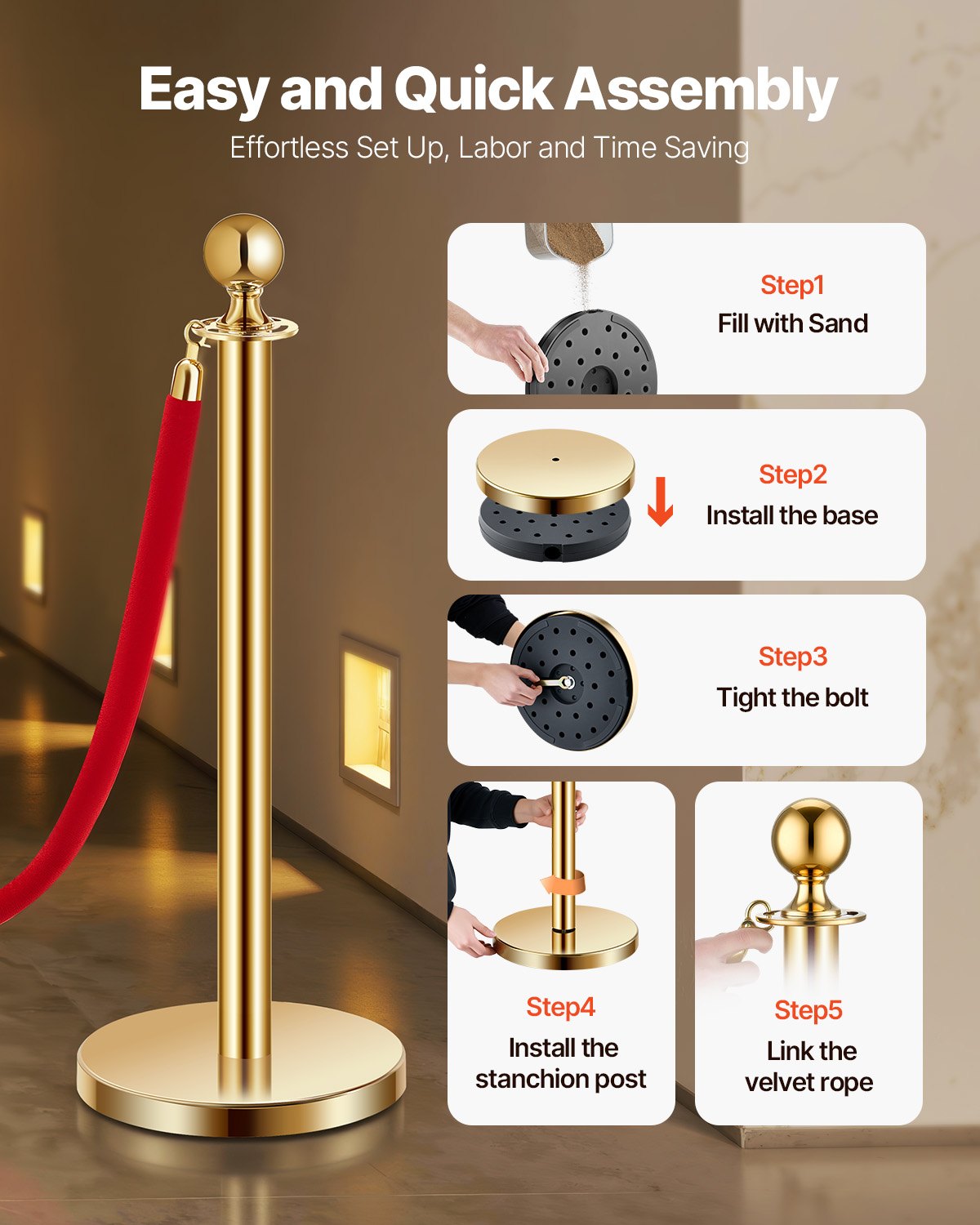 VEVOR Paletto di Sostegno, Set di 6, Barriere di Controllo della Folla, 4 Corde di Velluto Rosso, Coda di Palo di Sostegno in Acciaio Inox Dorato da 1,5 m con Base Cava per Festa, Matrimonio, Mostra