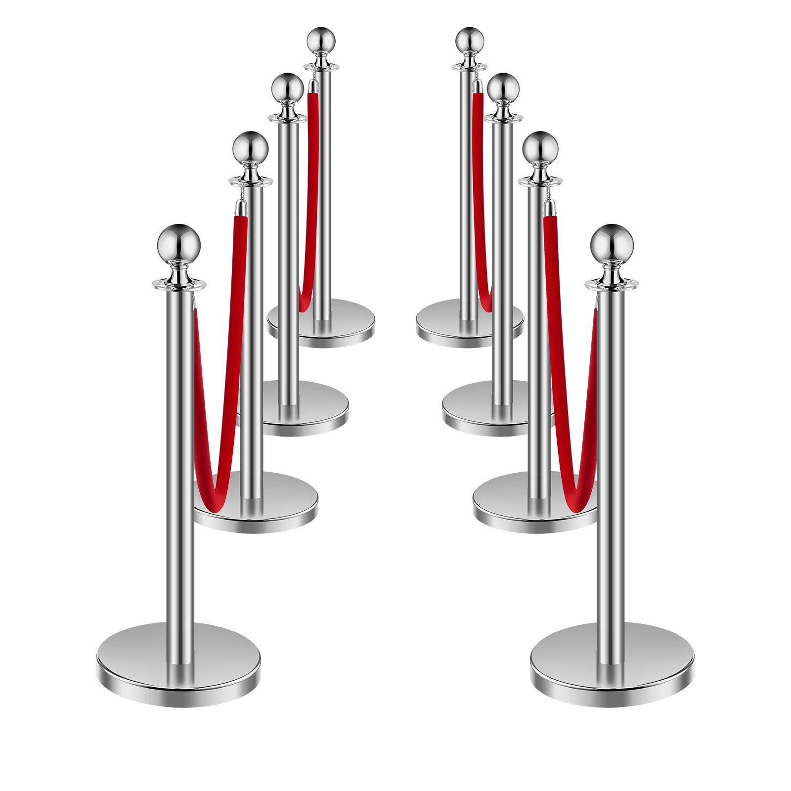 VEVOR Crowd Control Posts (8 pcs) with 4 red velvet ropes (1.5 m long), stainless steel barrier posts with refillable base for exhibitions, silver