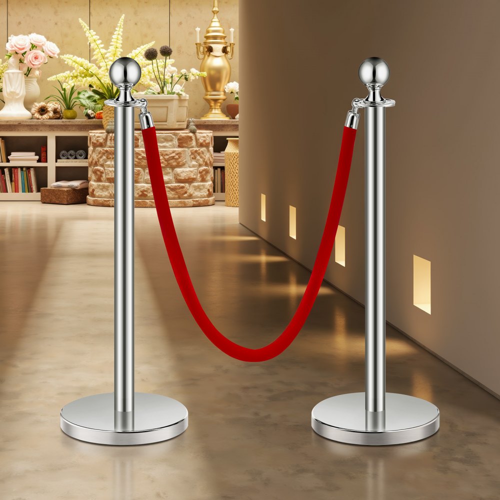 VEVOR Crowd Control Posts (4 pcs.) with 2 red velvet ropes (1.5 m long), stainless steel barrier posts with refillable base for exhibitions, silver