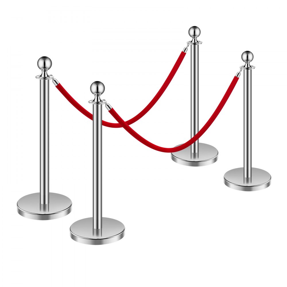 VEVOR Crowd Control Posts (4 pcs.) with 2 red velvet ropes (1.5 m long), stainless steel barrier posts with refillable base for exhibitions, silver