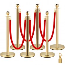 VEVOR Stainless Steel Stanchion Post Queue 6PCS Pole w/ 4 Red Velvet Ropes, Crowd Control Barriers w/Fillable Base for for crowd control in theaters, hotels, casinos, red carpet events, ticket offices, and more,(6 Pieces, Silver)